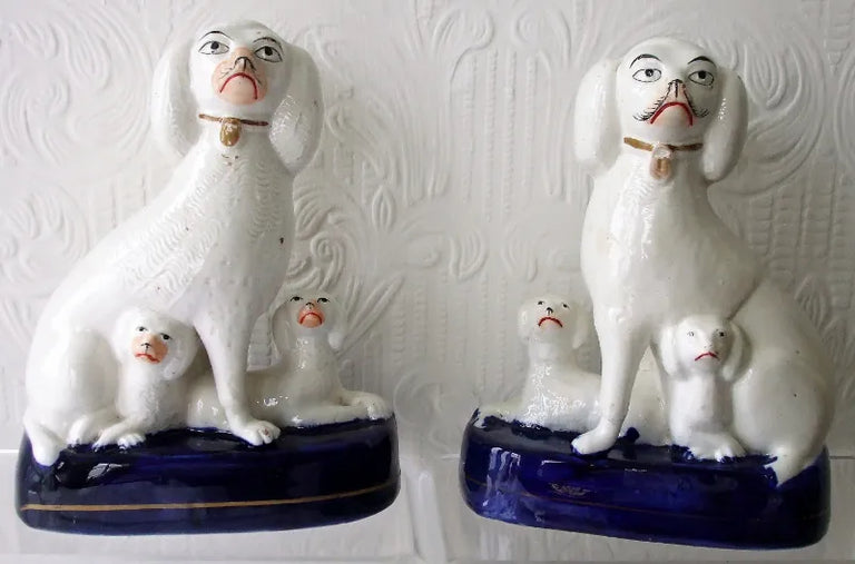 Pair of Antique English Victorian Staffordshire Pottery Poodles with Pups