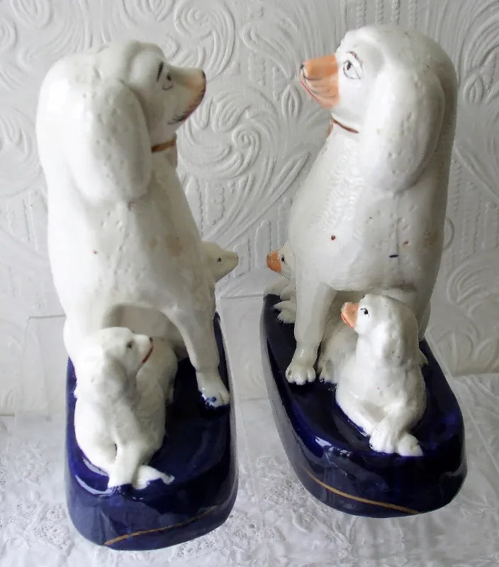 Pair of Antique English Victorian Staffordshire Pottery Poodles with Pups