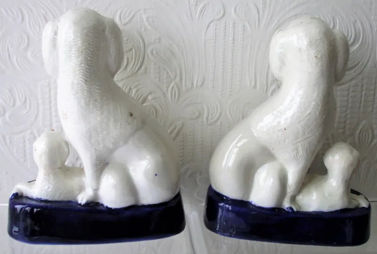 Pair of Antique English Victorian Staffordshire Pottery Poodles with Pups