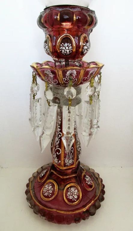 Pair of Antique English Victorian Ruby / Cranberry Glass Candle Lustres