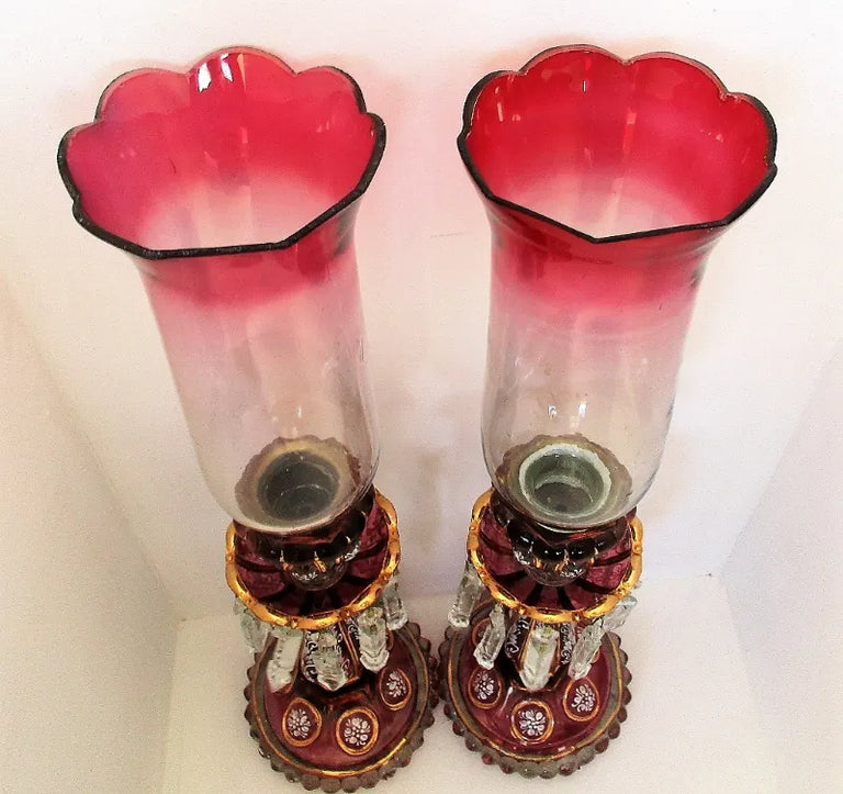 Pair of Antique English Victorian Ruby / Cranberry Glass Candle Lustres