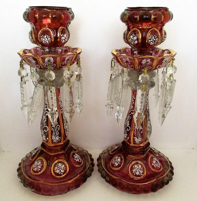 Pair of Antique English Victorian Ruby / Cranberry Glass Candle Lustres
