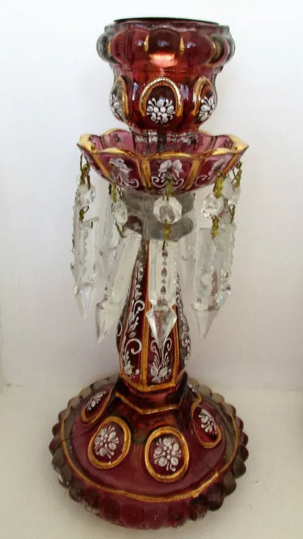 Pair of Antique English Victorian Ruby / Cranberry Glass Candle Lustres