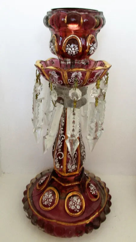Pair of Antique English Victorian Ruby / Cranberry Glass Candle Lustres