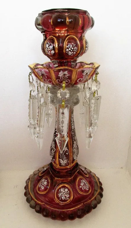 Pair of Antique English Victorian Ruby / Cranberry Glass Candle Lustres