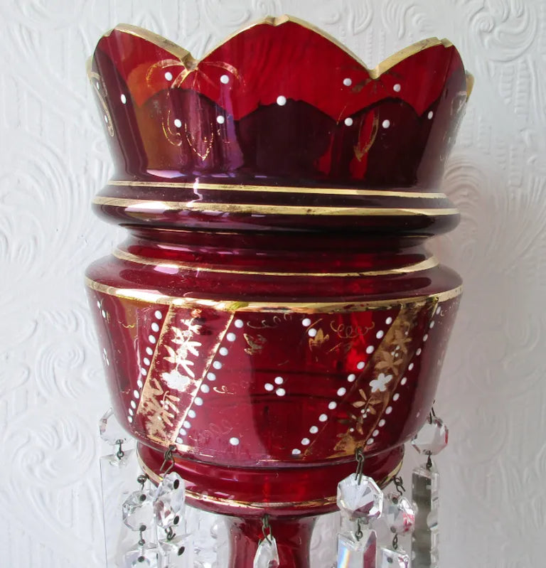 Pair of Antique English Victorian Ruby Glass Lustres