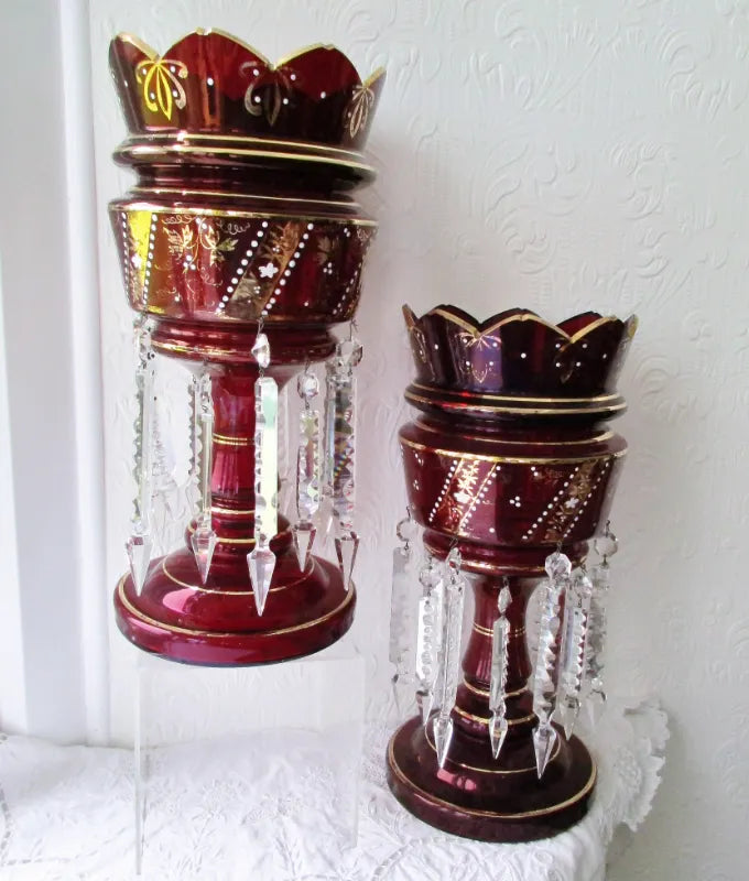 Pair of Antique English Victorian Ruby Glass Lustres
