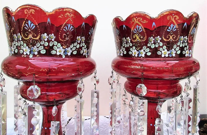 Pair of Antique English Victorian Ruby Glass Lustres