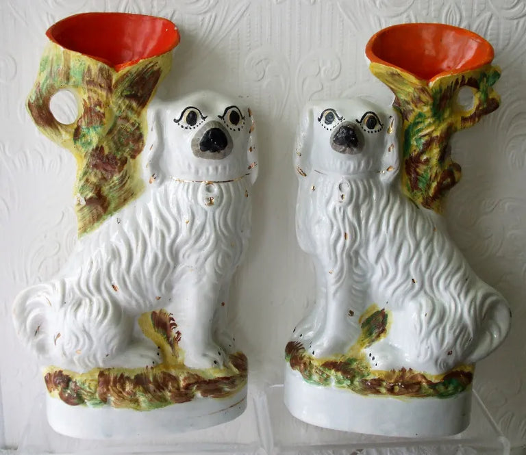 Pair of Antique Victorian Staffordshire Spaniel Spill Vases