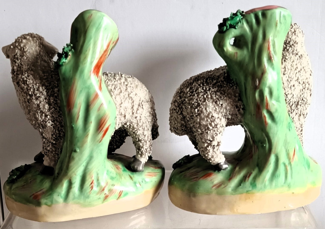 Pair of Antique Victorian Staffordshire Sheep Spill Vases