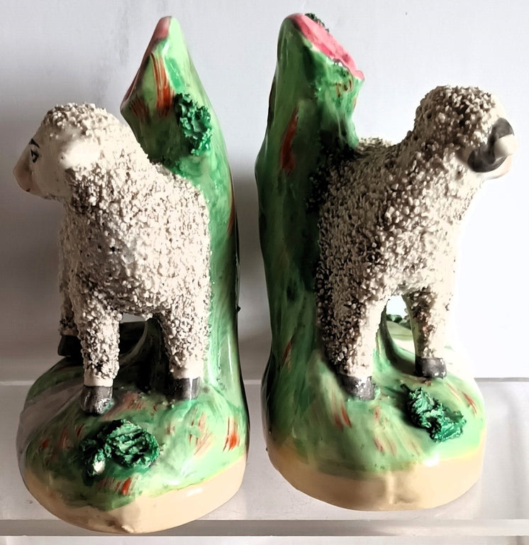 Pair of Antique Victorian Staffordshire Sheep Spill Vases