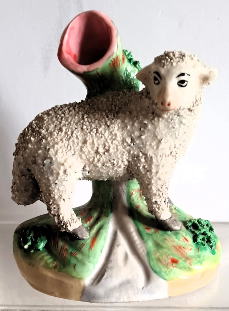 Pair of Antique Victorian Staffordshire Sheep Spill Vases