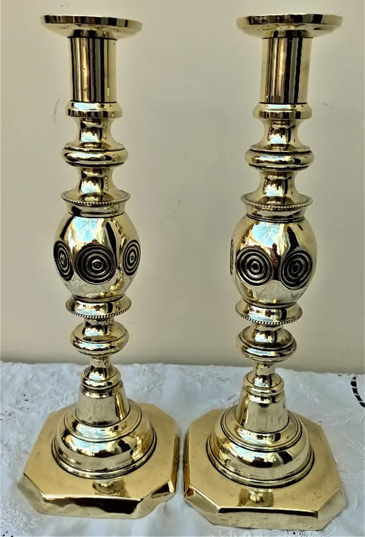 Pair of Antique English Victorian Brass Candlesticks