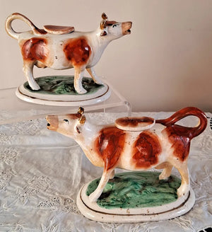 Pair of Antique Victorian Staffordshire Cow Creamers