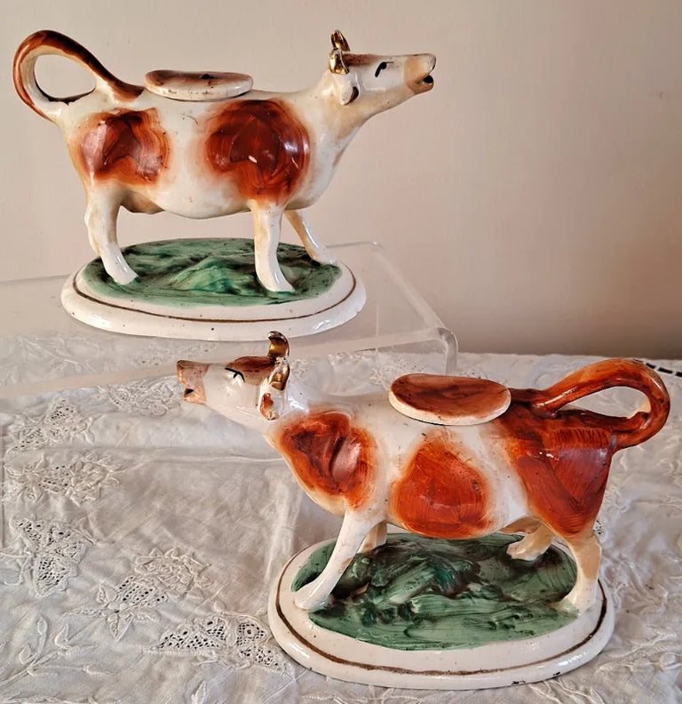 Pair of Antique Victorian Staffordshire Cow Creamers