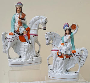 Pair of Antique Victorian Staffordshire Figures ~ Mounted Scots Musicians