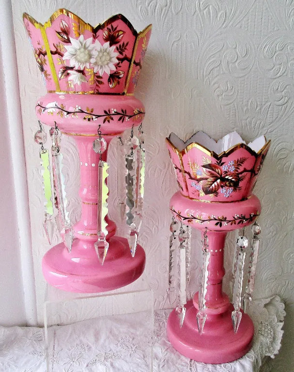 Pair of Antique English Victorian Pink Glass Lustres