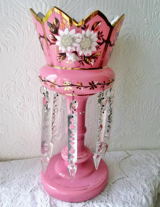 Pair of Antique English Victorian Pink Glass Lustres