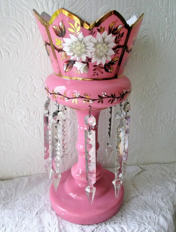 Pair of Antique English Victorian Pink Glass Lustres