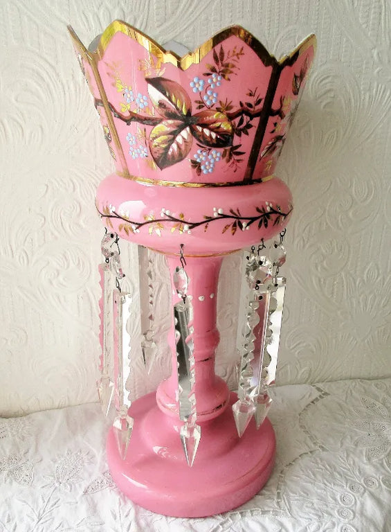 Pair of Antique English Victorian Pink Glass Lustres