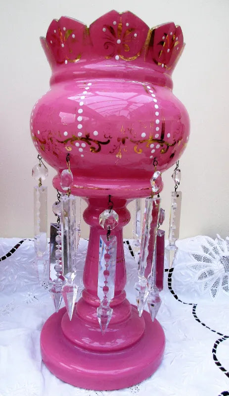 Pair of Antique English Victorian Pink Glass Lustres