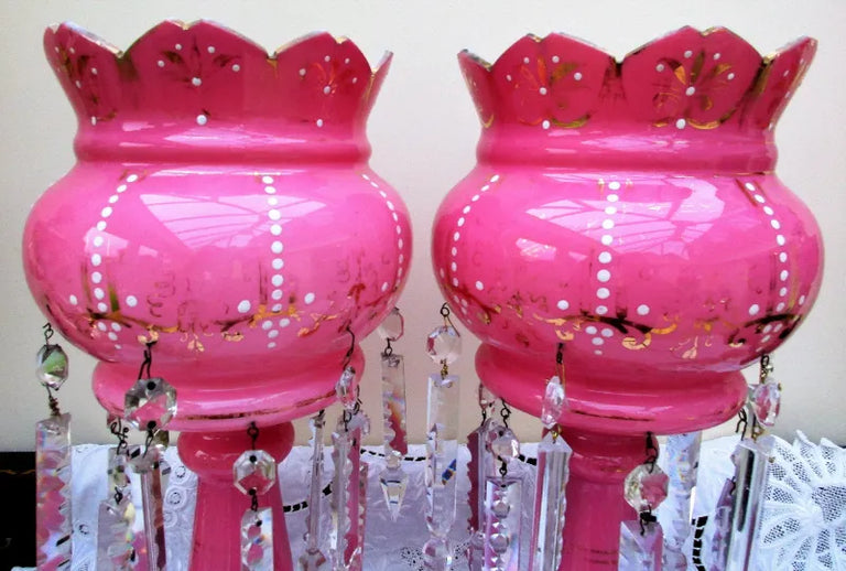 Pair of Antique English Victorian Pink Glass Lustres