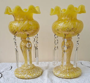 Pair of Antique English Victorian Yellow Glass Lustres