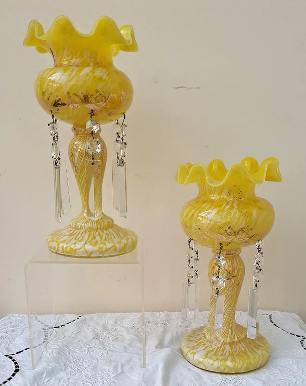 Pair of Antique English Victorian Yellow Glass Lustres