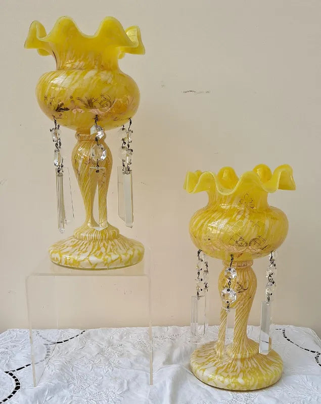 Pair of Antique English Victorian Yellow Glass Lustres