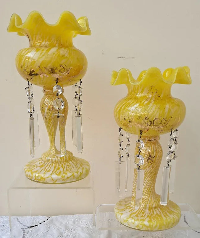 Pair of Antique English Victorian Yellow Glass Lustres