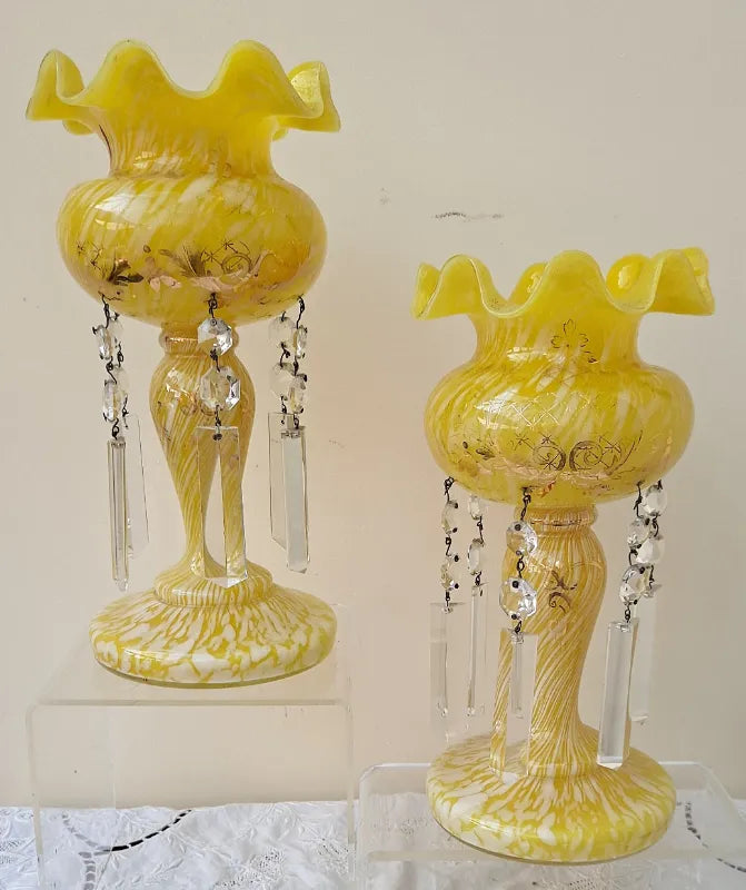 Pair of Antique English Victorian Yellow Glass Lustres