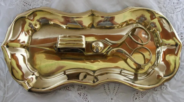 Pair of Antique English Georgian Brass Candle Snuffers and Tray
