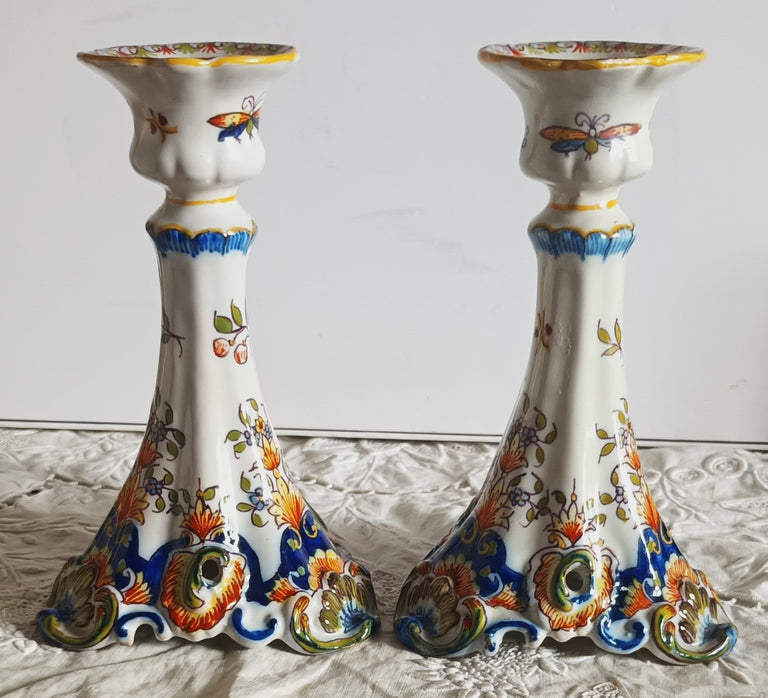 Pair of Antique Desvres French Faience Candlesticks