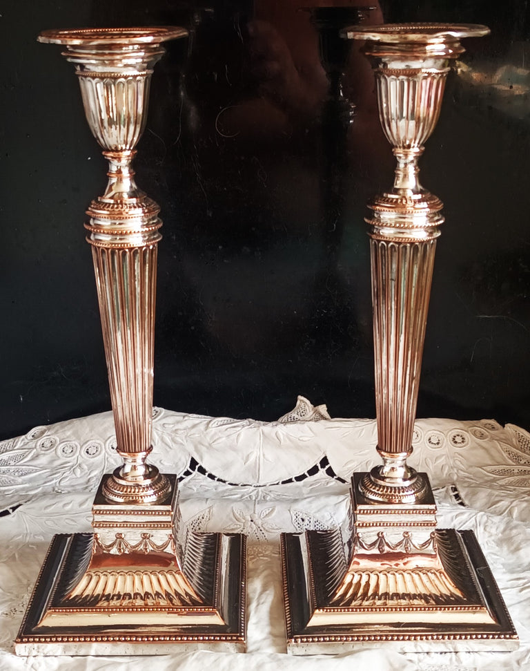 Pair of Antique English Georgian Old Sheffield Plate Candlesticks