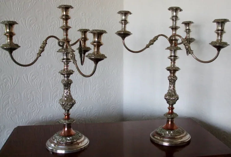 Pair of Antique English Victorian Old Sheffield Plate Candelabra