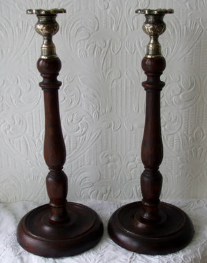 Pair Of Antique Victorian Turned Oak And Brass Candlesticks