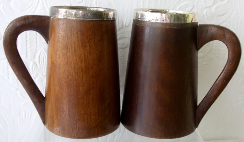 Vintage Pair of English Half Pint Oak & Silver Plate 