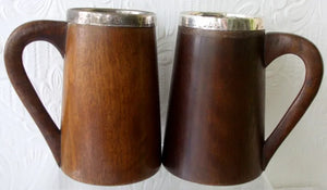 Vintage Pair of English Half Pint Oak & Silver Plate "Deception" Mugs