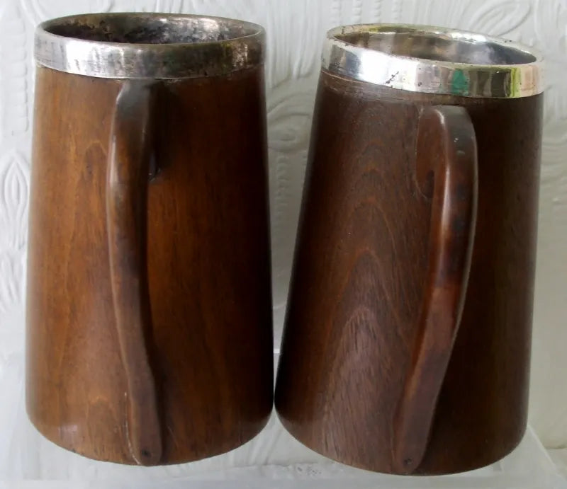 Vintage Pair of English Half Pint Oak & Silver Plate 