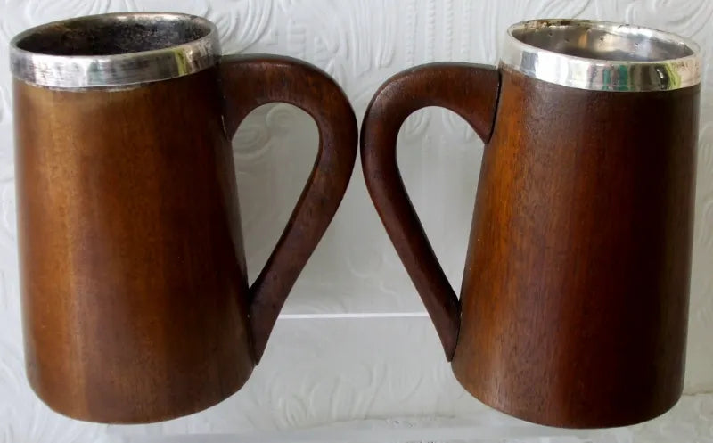 Vintage Pair of English Half Pint Oak & Silver Plate 
