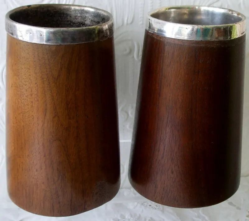 Vintage Pair of English Half Pint Oak & Silver Plate 