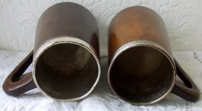 Vintage Pair of English Half Pint Oak & Silver Plate 