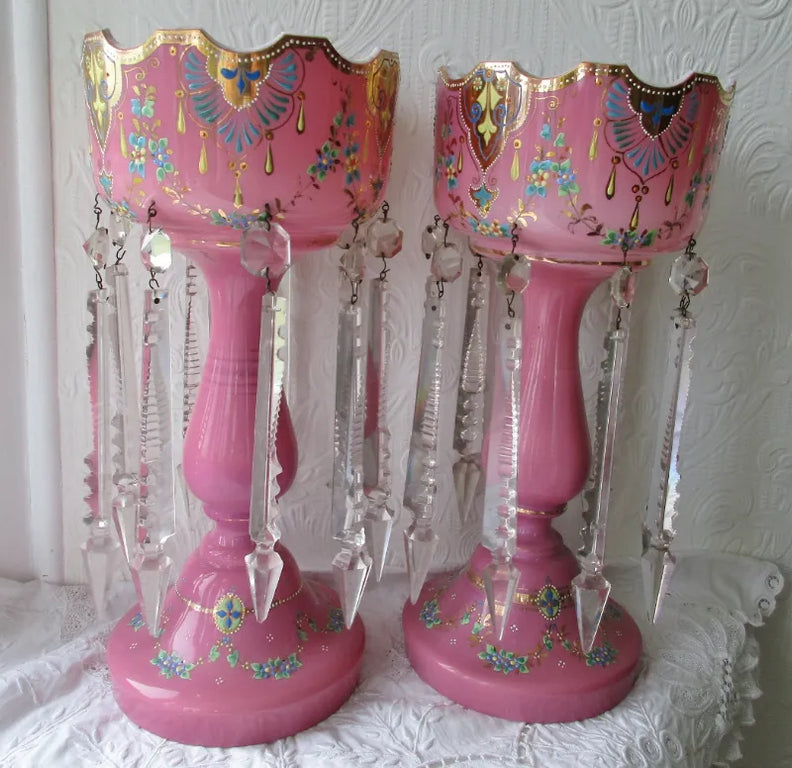Pair of Antique English Victorian Pink Glass Lustres