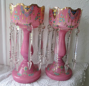 Pair of Antique English Victorian Pink Glass Lustres