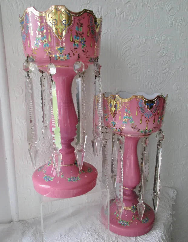 Pair of Antique English Victorian Pink Glass Lustres