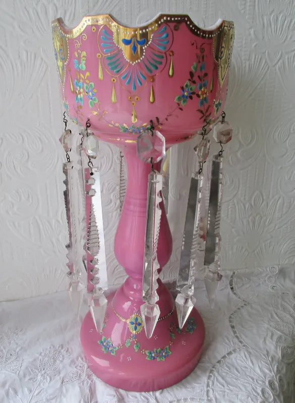 Pair of Antique English Victorian Pink Glass Lustres