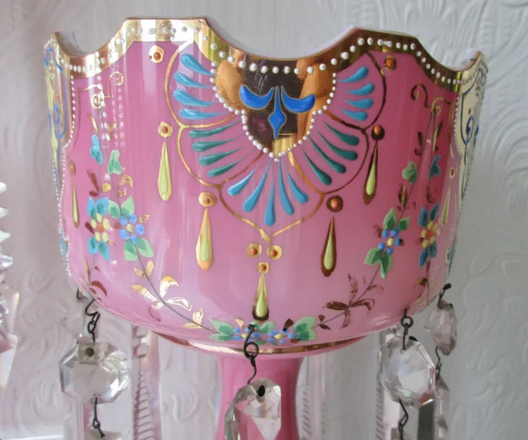 Pair of Antique English Victorian Pink Glass Lustres