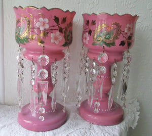 Pair of Antique English Victorian Pink Glass Lustres {A/F}