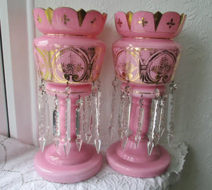 Pair of Antique English Victorian Pink Glass Lustres