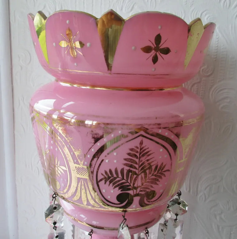 Pair of Antique English Victorian Pink Glass Lustres